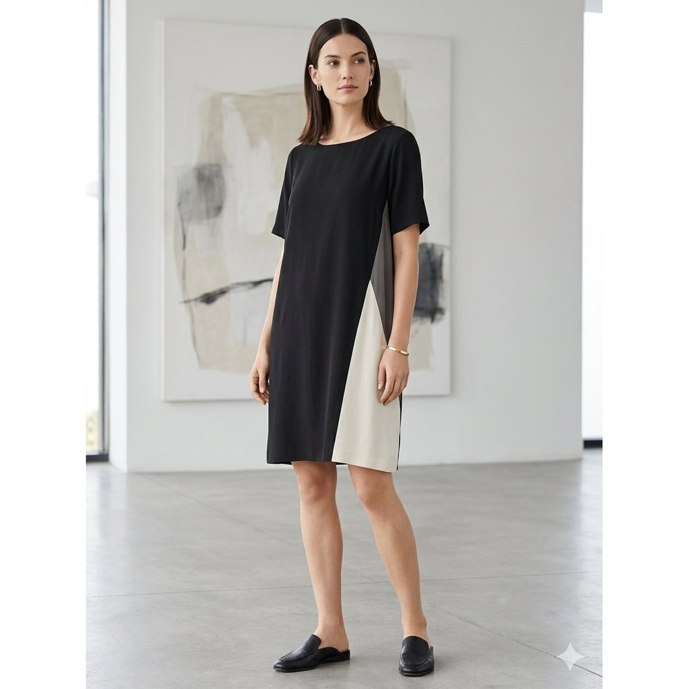 Eileen Fisher Silk Colorblock Shift Dress Black Grey Cream Size Large S18GC